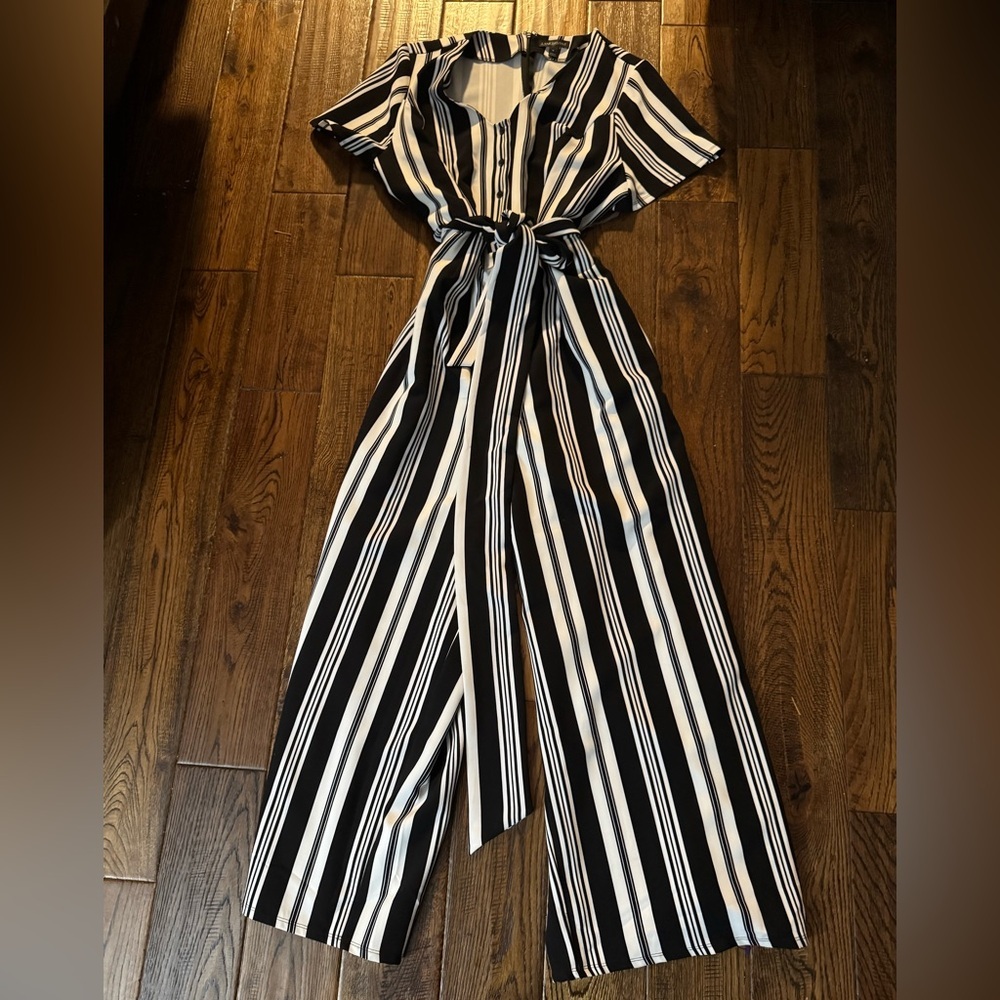 Lane Bryant Black and White Striped Wide-Leg Jumpsuit